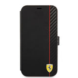 Ferrari iPhone 13 Carbon Effect Metal Logo Vertical Stripe Kotelo Musta