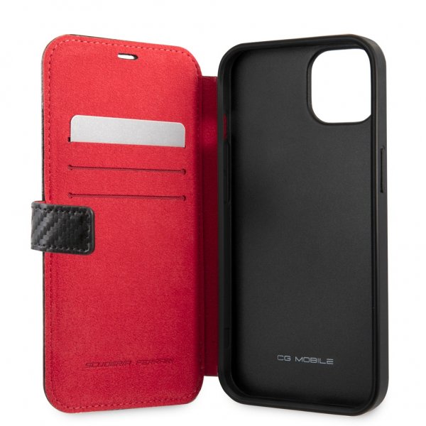 Ferrari iPhone 13 Carbon Effect Metal Logo Vertical Stripe Kotelo Musta