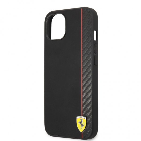 Ferrari iPhone 13 Mini Kuori Carbon Effect Metal Logo Vertical Stripe Musta
