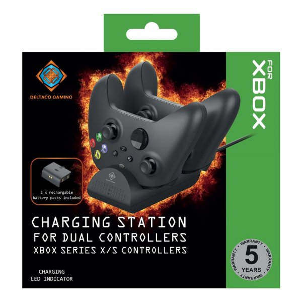 Deltaco Gaming -latausasema kahdella Xbox Series X/S -ohjaimen akkupakkauksella