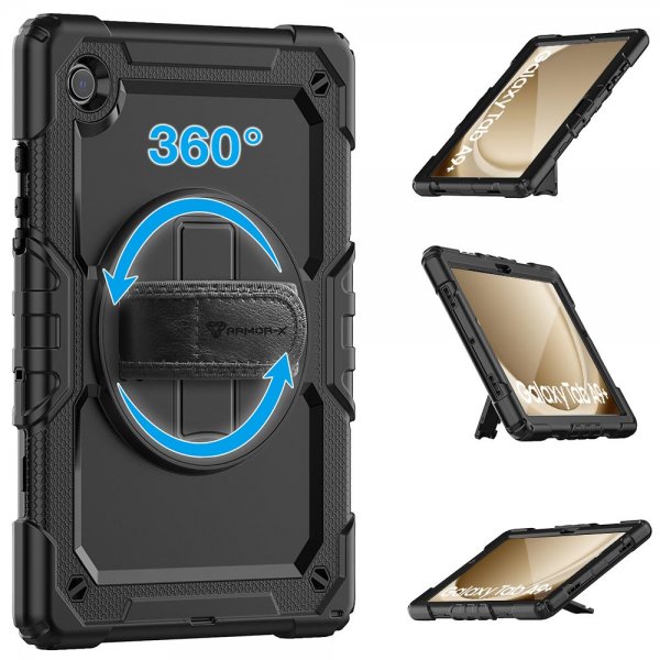 Armor-X Samsung Galaxy Tab A9 Plus Kuori Sateenkestävä Kestävä Kotelo Käsihihna Jalusta Musta