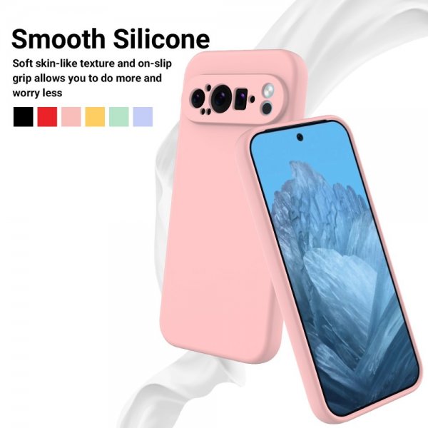 Google Pixel 9 Pro XL -kuori hihnalla, silikoninen, vaaleanpunainen