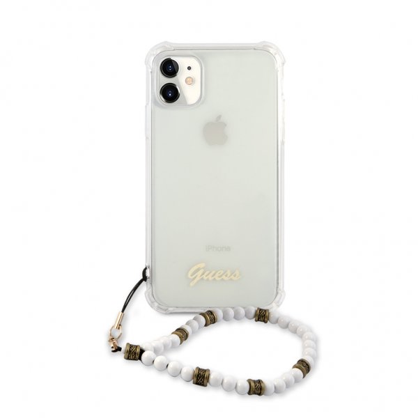 Guess iPhone 11 -suojakuori Script & Pearls, valkoinen/läpinäkyvä