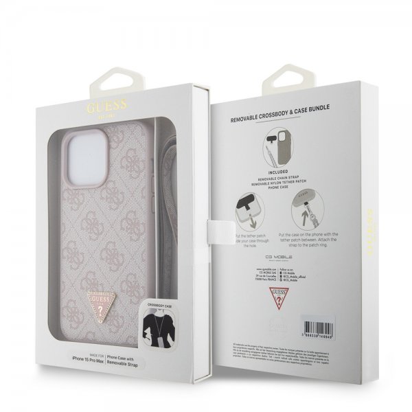 Guess iPhone 15 Pro Max Kuori Metal Logo Strass Crossbody Strap Ruusu