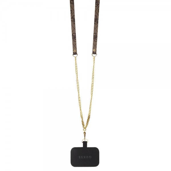 Guess iPhone 15 Pro Max Kuori Metal Logo Strass Crossbody Strap Ruskea