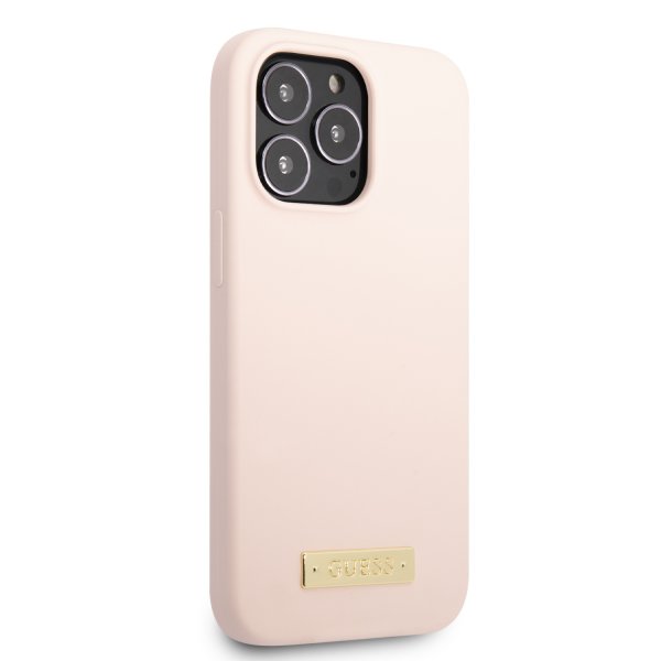 Guess iPhone 13 Pro -silikonikuori, jossa on MagSafe-metallilevy, pinkki