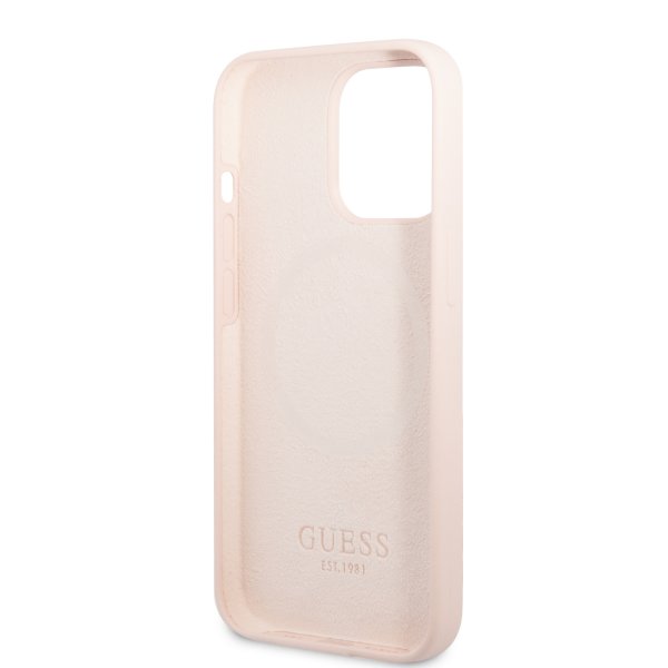 Guess iPhone 13 Pro -silikonikuori, jossa on MagSafe-metallilevy, pinkki