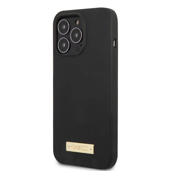 Guess iPhone 13 Pro Max kuori silikoninen metallilevy MagSafe musta