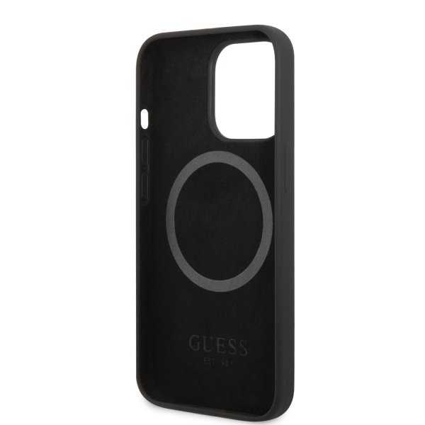 Guess iPhone 13 Pro Max kuori silikoninen metallilevy MagSafe musta