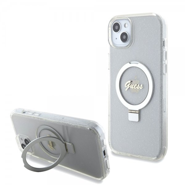Guess iPhone 15 Plus Suojakuori Sormusteline Glitter MagSafe Läpinäkyvä
