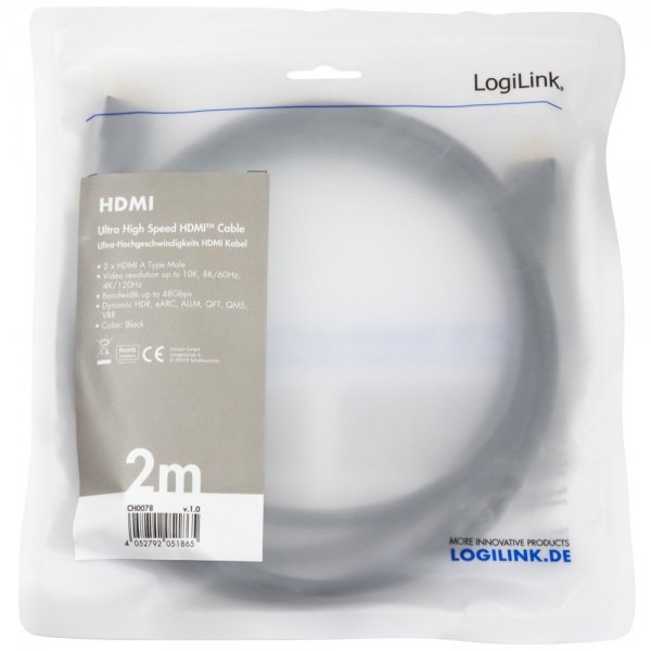 LogiLink HDMI-kaapeli Ultra High Speed 2 m