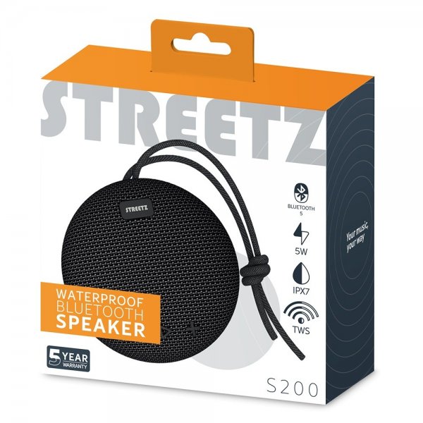 Streetz-kaiutin S200 vedenkestävä Bluetooth-kaiutin, musta