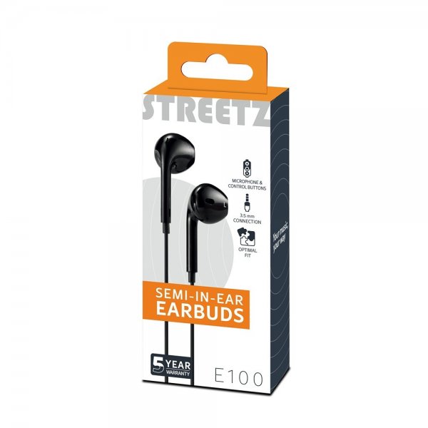 Streetz E100 Semi-In-Ear-nappikuulokkeet, 3,5 mm, musta