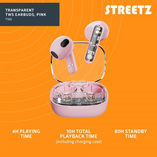 Streetz Kuulokkeet T150 Läpinäkyvät Langattomat Nappikuulokkeet Vaaleanpunainen