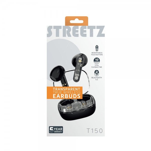 Streetz Kuulokkeet T150 Läpinäkyvät Täysin Langattomat Nappikuulokkeet Musta