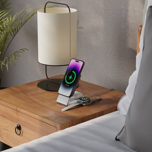 ALOGIC Matrix 3-in-1 magneettinen lataustelakka Apple Watch -laturilla, valkoinen