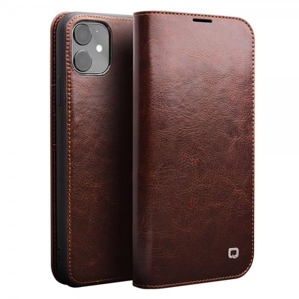 Qialino iPhone 11 -kotelo, aitoa nahkaa, korttipaikka, ruskea