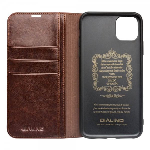 Qialino iPhone 11 Pro Max -kotelo, aitoa nahkaa, korttipaikat, ruskea