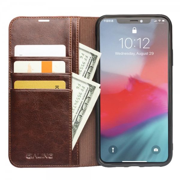 Qialino iPhone 11 Pro Max -kotelo, aitoa nahkaa, korttipaikat, ruskea