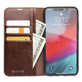 Qialino iPhone 11 Pro Max -kotelo, aitoa nahkaa, korttipaikat, ruskea