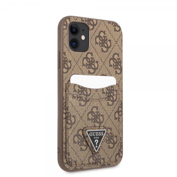 Guess iPhone 11 -suojakuori Double Cardslot Metal Triangle, ruskea