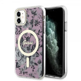 Guess iPhone 11 -suojakuori Flower MagSafe, pinkki