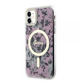 Guess iPhone 11 -suojakuori Flower MagSafe, pinkki