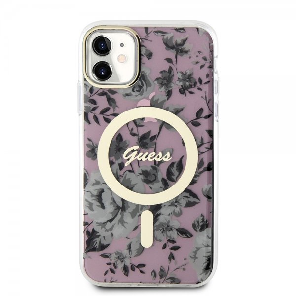 Guess iPhone 11 -suojakuori Flower MagSafe, pinkki