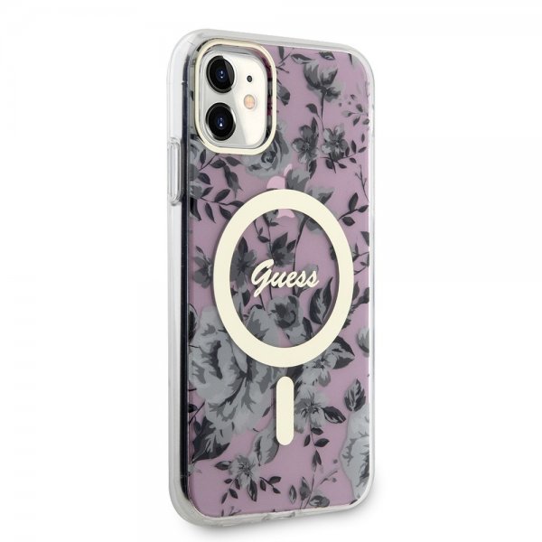 Guess iPhone 11 -suojakuori Flower MagSafe, pinkki