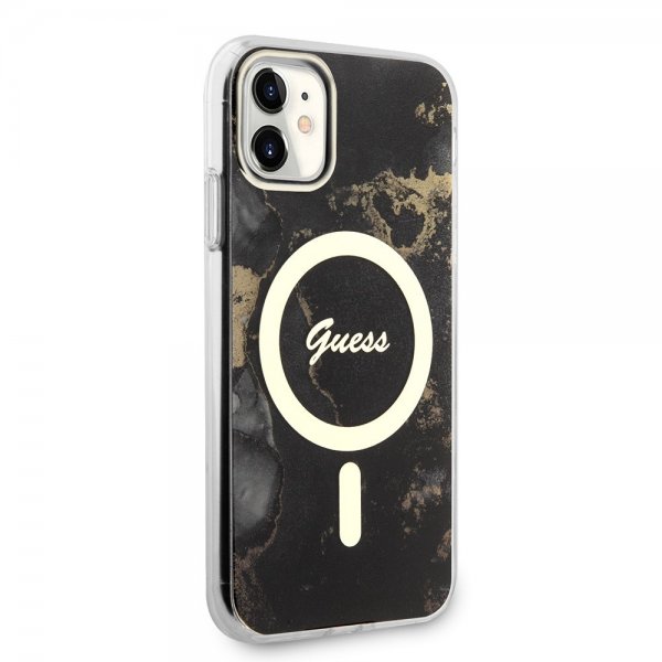 Guess iPhone 11 -suojakuori Golden Marble MagSafe, musta