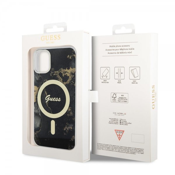 Guess iPhone 11 -suojakuori Golden Marble MagSafe, musta