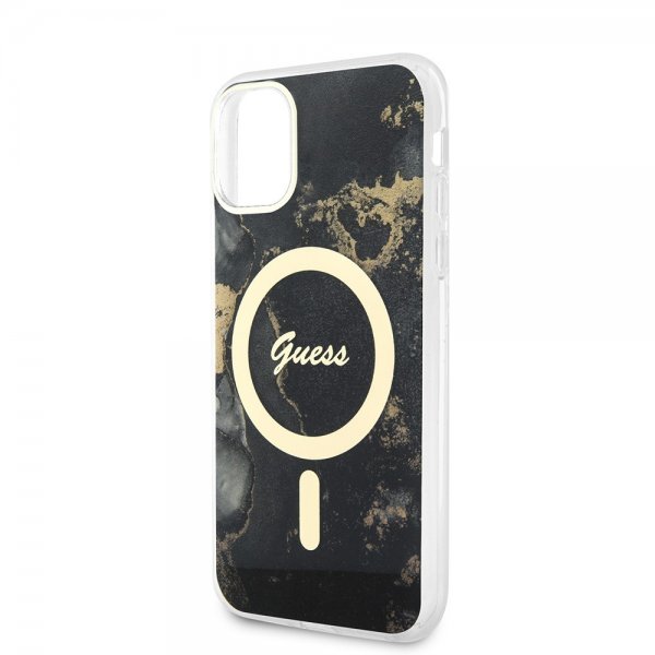 Guess iPhone 11 -suojakuori Golden Marble MagSafe, musta
