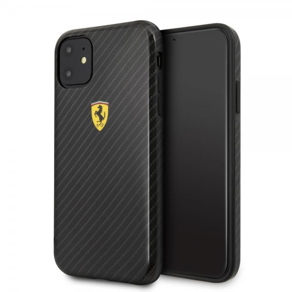 Ferrari iPhone 11 -suojakuori, hiilikuitukuvio, keltainen logo, musta