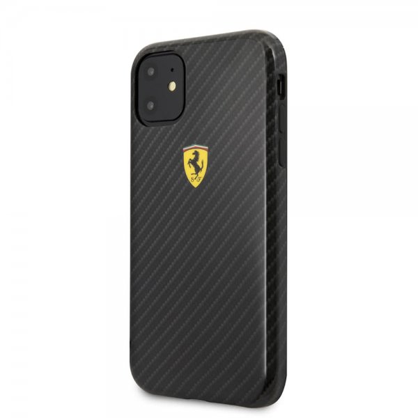 Ferrari iPhone 11 -suojakuori, hiilikuitukuvio, keltainen logo, musta