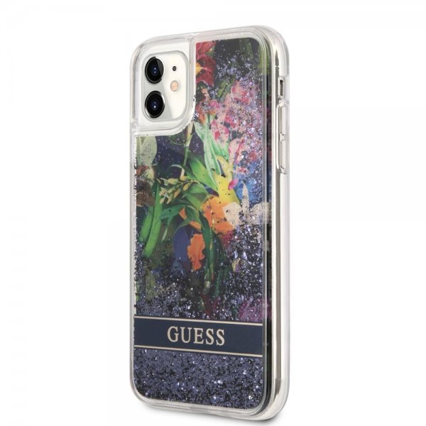 Guess iPhone 11 -suojakuori Liquid Glitter Flower Pattern sininen