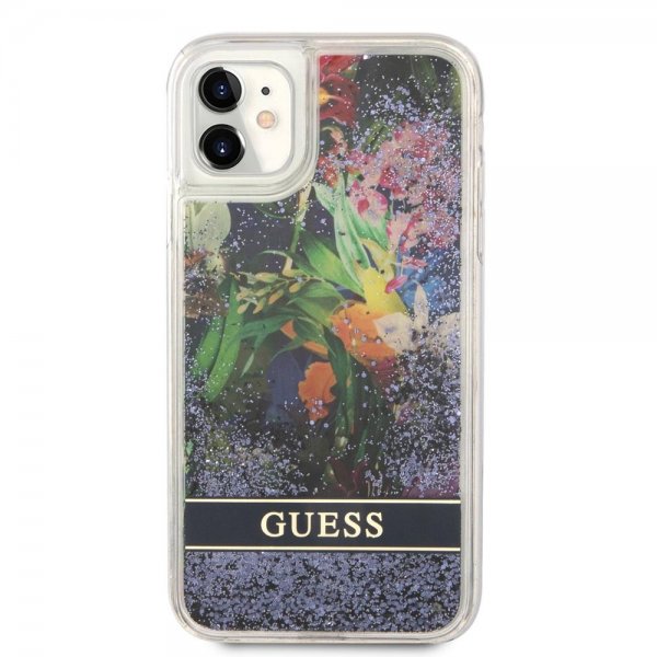 Guess iPhone 11 -suojakuori Liquid Glitter Flower Pattern sininen