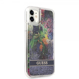 Guess iPhone 11 -suojakuori Liquid Glitter Flower Pattern sininen