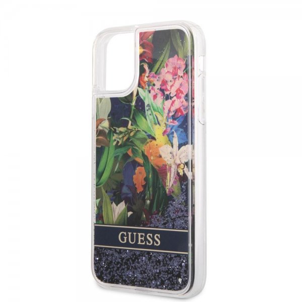 Guess iPhone 11 -suojakuori Liquid Glitter Flower Pattern sininen