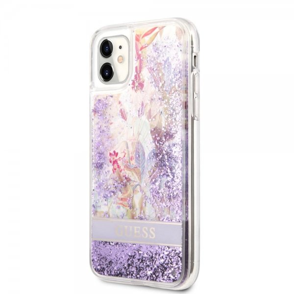 Guess iPhone 11 -suojakuori Liquid Glitter Flower Pattern - violetti