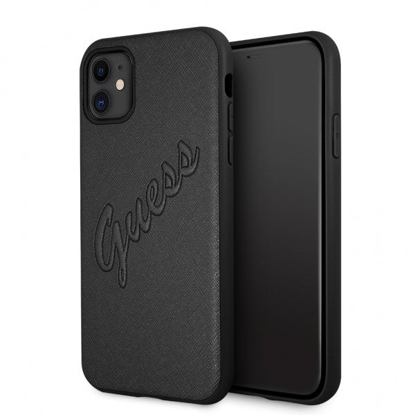 Guess iPhone 11 -suojakuori Saffiano Vintage Script - musta