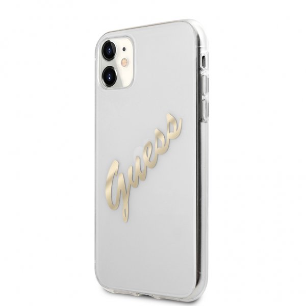 Guess iPhone 11 -kuori Vintage Script, kulta, läpinäkyvä