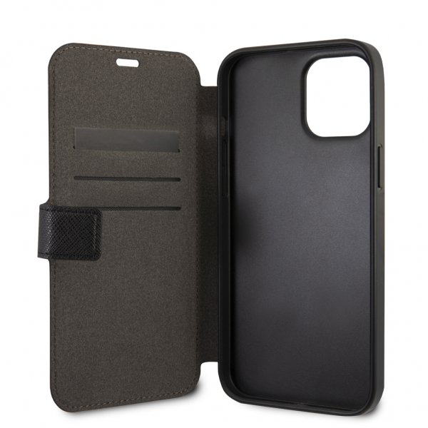 Guess iPhone 12/iPhone 12 Pro Kotelo Gold Triangle Saffiano Musta