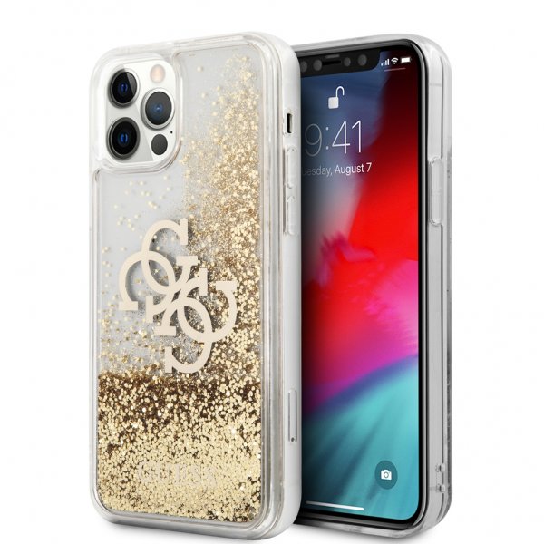Guess iPhone 12/iPhone 12 Pro -kuoret nestemäisellä glitterillä, kulta/kirkas