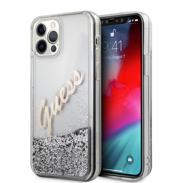 Guess iPhone 12/iPhone 12 Pro Kotelo Liquid Glitter Vintage Silver