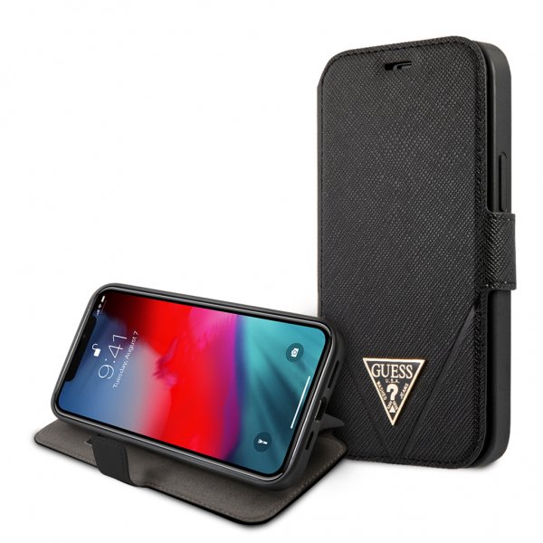 Guess iPhone 12 Mini Kotelo Gold Triangle Saffiano Musta