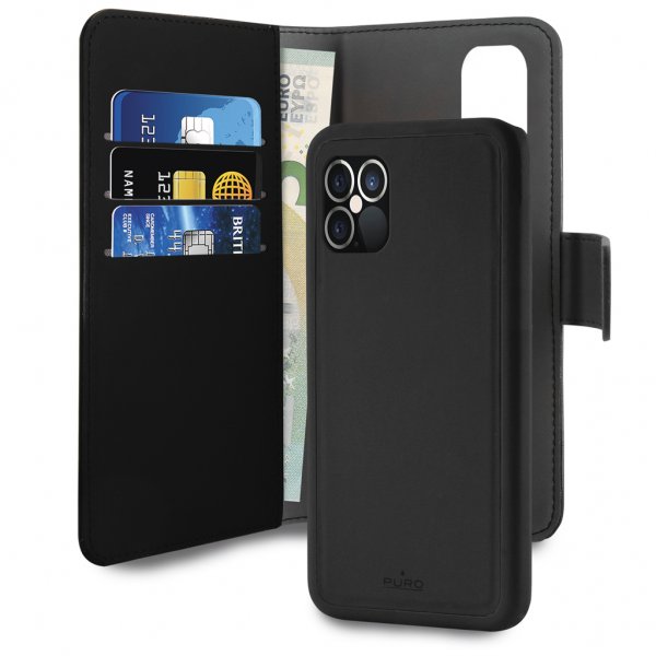Puro iPhone 12 Pro Max -suojakotelo, lompakko, irrotettava, 2-in-1, musta