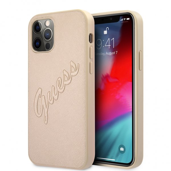 Guess iPhone 12 Pro Max -kuoret, Saffiano Vintage Script, kulta