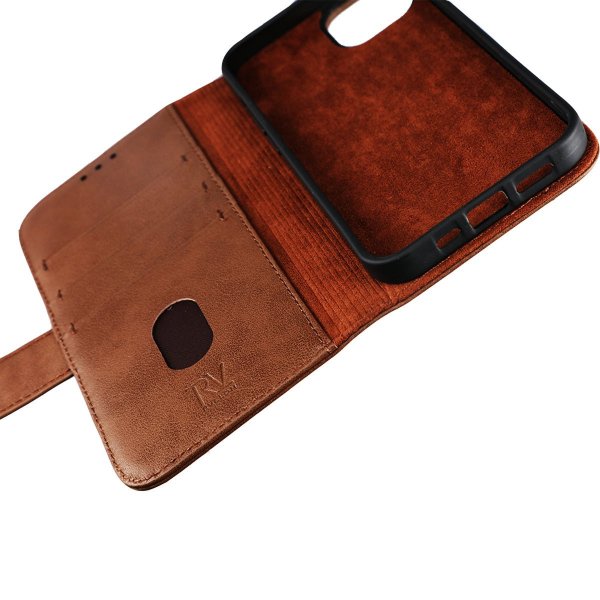 Rvelon iPhone 12/iPhone 12 Pro Kotelo, aitoa nahkaa, korttipaikka, ruskea