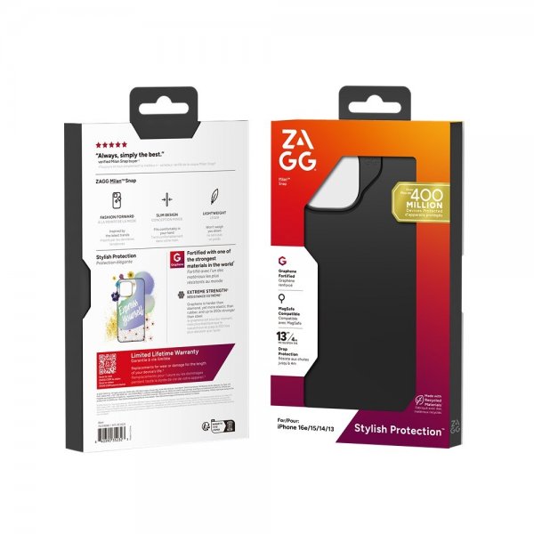 ZAGG iPhone 13/14/15/16e/17e -kuori Milan Snap musta