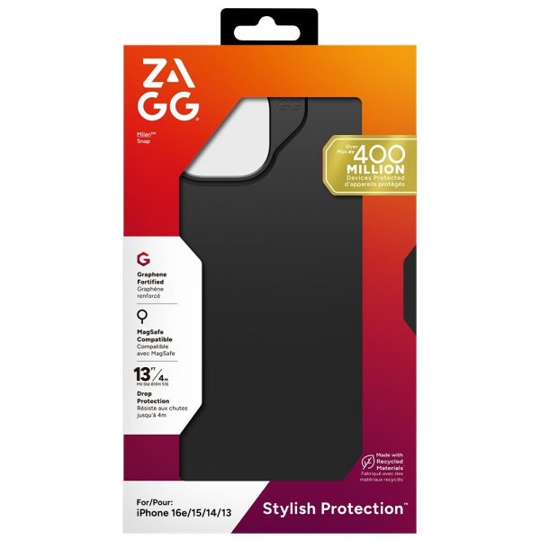 ZAGG iPhone 13/14/15/16e/17e -kuori Milan Snap musta